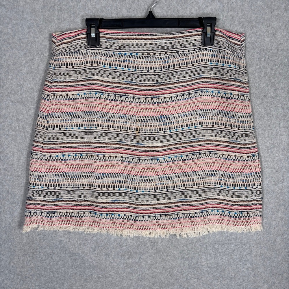 LOFT Tweed Fringe Mini Skirt 14 Striped Woven Textured Zip Back Boho Career
